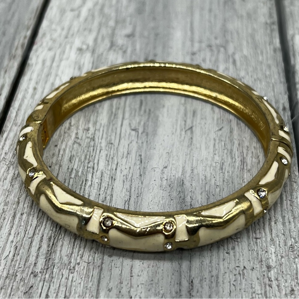 199. Vintage Cream Enamel Goldtone and Rhinestone Clamper Bracelet
